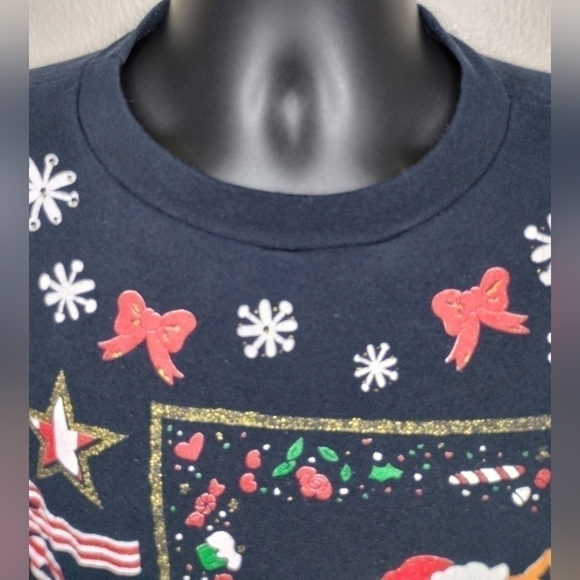 VINTAGE 90s Holiday Time Men's Large Sweatshirt AOP Christmas Crewneck Black USA - Picture 2 of 9